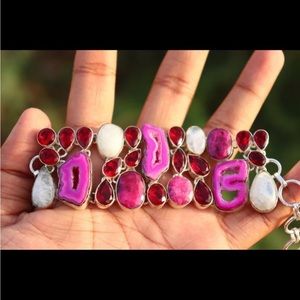 Druzy, moonstone and Garnet stone handmade cluster bracelet